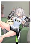  1girl animal_ears choker couch grey_eyes grey_hair grin highres hololive lion_ears long_sleeves looking_at_viewer nail_polish official_alternate_costume on_couch shirt shishiro_botan shishiro_botan_(4th_costume) sitting smile socks solo sunglasses t-shirt zooanime 