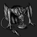  4_ears anthro avali creepy eating feathers food hi_res kneeling male monochrome multi_ear scary scary_face simple_background solo teeth tiskanomicon vodim winged_arms wings 