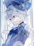 1girl ahoge ascot blue_ascot blue_bow blue_coat blue_eyes blue_headwear blurry blurry_background bow coat commentary furina_(genshin_impact) genshin_impact hat hat_bow highres kagaku_o long_hair looking_down parted_lips sidelocks solo top_hat upper_body white_hair 
