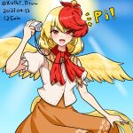  1girl :d animal_on_head bird bird_on_head blonde_hair blue_sky chick commentary dated highres holding holding_whistle ldschem16 looking_at_viewer multicolored_hair neckerchief niwatari_kutaka on_head open_mouth orange_skirt outdoors red_eyes red_hair red_neckerchief short_hair short_sleeves skirt sky smile solo sun tail_feathers touhou touhou_gouyoku_ibun twitter_username two-tone_hair whistle yellow_wings 