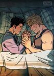  2boys bara black_hair blonde_hair couple cris_art ear_piercing eye_contact from_above holding_hands hulkling interlocked_fingers long_sideburns looking_at_another lying male_focus marvel multiple_boys on_bed on_side pectoral_cleavage pectorals piercing short_hair sideburns smile sparse_stubble sunlight thick_eyebrows third-party_source toned toned_male upper_body wiccan yaoi 