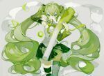  1girl absurdres artist_name detached_sleeves food green_eyes green_hair green_ribbon green_skirt green_theme green_thighhighs hair_tie hatsune_miku highres holding holding_food holding_vegetable kikihuihui long_hair long_sleeves miniskirt monochrome neck_ribbon oversized_food oversized_object pleated_skirt ribbon sidelocks skirt solo spring_onion thighhighs twintails vegetable very_long_hair vocaloid zettai_ryouiki 