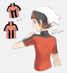  1boy beanie blue_eyes bracelet brendan_(pokemon) brown_hair closed_mouth commentary_request from_behind hand_up hat jewelry looking_at_viewer looking_back male_focus niimura_(csnel) pokemon pokemon_(game) pokemon_oras shirt short_hair short_sleeves smile solo translation_request upper_body white_headwear 