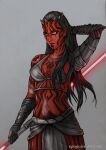  1girl agregor alien artist_name black_bra black_gloves black_hair bra colored_skin deviantart_username double_bladed_lightsaber energy_sword gloves grey_background highres holding_lightsaber horns lightsaber long_hair midriff pelvic_curtain pointy_ears red_lightsaber red_skin simple_background sith solo star_wars sword underwear watermark weapon web_address yellow_eyes zabrak 