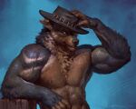  2021 abs anthro biceps black_lips black_nose blue_background brown_body brown_fur canid canine canis clothing countershading ear_piercing ear_ring fur gauged_ear glistening glistening_nose hand_on_head hat hat_only headgear headgear_only headwear headwear_only hi_res leaning_on_fence lips looking_at_viewer male mammal mostly_nude muscular muscular_anthro muscular_male neck_tuft nipple_piercing nipples nude pecs piercing reed_(growlshift) ring_piercing simple_background solo standing taran_fiddler tuft whiskers wolf yellow_eyes 