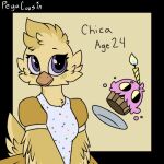  2022 adult_(lore) animatronic anthro apron avian beak bird candle chica_(fnaf) chicken clothing cupcake_(fnaf) eyebrows female five_nights_at_freddy&#039;s food food_creature fur galliform gallus_(genus) lit_candle machine model_sheet orange_beak pegacousin phasianid plate purple_eyes robot scottgames solo yellow_body yellow_eyes yellow_fur 