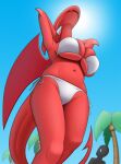  big_breasts bikini breasts cleavage clothed clothing creatiffy demon digital_media_(artwork) duo female hi_res horn huge_breasts humanoid lucia_(satina) mammal not_furry open_mouth red_body red_skin satina_wants_a_glass_of_water simple_background size_difference swimwear under_boob wings 