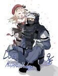  1boy 1girl :d ^_^ absurdres bare_shoulders beret black_dress blonde_hair blue_eyes blue_flower blue_jacket blue_pants blush character_name closed_eyes commentary_request confetti dated doc_(rainbow_six_siege) dress english_text flower flower_wreath frilled_dress frills girls&#039;_frontline grey_pantyhose happy_birthday hat head_wreath highres jacket knee_up long_hair mp5_(girls&#039;_frontline) pants pantyhose pink_flower purple_flower rainbow_six_siege red_footwear red_headwear sanso_(kasyawamoti) shadow shirt shoes simple_background sitting sleeveless sleeveless_shirt smile standing standing_on_one_leg strapless strapless_dress white_background white_shirt wrist_cuffs 