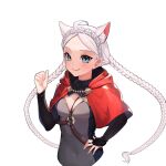  ahoge animal_ears arm_up blue_eyes braid breasts capelet cat_ears cat_girl commission commissioner_upload covered_navel fire_emblem fire_emblem_fates hairband hand_on_own_hip harness highres hood hood_down hooded_capelet long_hair looking_at_viewer low_twin_braids medium_breasts nina_(fire_emblem) non-web_source o-ring o-ring_harness red_capelet red_hood shiimidori smile twin_braids white_hair white_hairband 