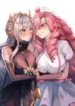  2girls absurdres black_dress blush breasts commission demon_girl demon_horns demon_tail dress drill_hair grey_hair grin hakusyokuto hat highres holding_hands horns large_breasts long_hair looking_at_another mole mole_under_eye multiple_girls nose_blush nurse nurse_cap pink_hair pointy_ears puffy_short_sleeves puffy_sleeves purple_eyes short_sleeves skeb_commission smile stitched_arm stitched_neck stitches tail torn_clothes torn_dress twin_drills undead white_dress white_headwear yellow_eyes yuri zombie 