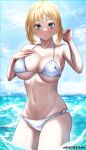  absurdres bikini blonde_hair blue_sky breasts cloud day green_eyes highres hololive hololive_english horizon kevin_tower large_breasts lips looking_at_viewer ocean outdoors parted_lips short_hair sky swimsuit virtual_youtuber wading water watson_amelia white_bikini 