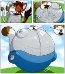  air_inflation anthro belly belly_expansion blowing_kiss blue_bottomwear blue_clothing blue_pants bottomwear brown_body brown_fur clothing comic domestic_cat duo expansion extreme_size_difference felid feline felis fur grey_clothing grey_sweater grey_topwear hi_res inflated_belly inflation inflation_fetish kiss_on_lips kissing male male/male malleable_body mammal motion_lines pants puffed_cheeks puffkiss sharing_clothing size_difference sweater sweater_vest tikend tikend_(character) toony topwear vest white_body white_fur worried worried_look 