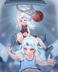  2girls ball basketball basketball_(object) basketball_hoop basketball_uniform blue_eyes blue_hair blunt_bangs camera_flash dual_persona fins fish_tail gawr_gura grey_hair hair_ornament hand_on_another&#039;s_head highres hololive hololive_english moral_cacoethes multicolored_hair multiple_girls number_print open_mouth playing_sports red_eyes red_hair reflect_(gawr_gura) shark_girl shark_tail sharp_teeth slam_dunk_(basketball) sportswear streaked_hair sweat tail teeth virtual_youtuber 