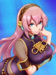  1girl arm_support arm_under_breasts armband belt_buckle black_skirt black_vest blue_background blue_eyes breasts brooch buckle detached_sleeves gold_trim hand_up happy headphones headset high_collar jewelry kanisabure large_breasts long_hair long_skirt looking_at_viewer megurine_luka microphone pink_hair see-through see-through_shirt single_detached_sleeve skirt solo solo_focus undershirt upper_body vest vocaloid 