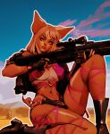 1girl animal_ears black_footwear black_gloves black_jacket boots breasts fingerless_gloves gloves gun halftone highres holding holding_gun holding_weapon jacket knee_up leather leather_jacket leg_ribbon magentaduelist medium_breasts navel open_clothes outline parted_lips pig_ears pig_girl pig_tail pink_hair pink_ribbon ribbon short_sleeves solo tail tan tanlines underboob weapon web_address white_outline zaiyuki 