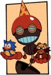  blue_eyes digimin dr._eggman gloves half-closed_eyes hands_up hat holding holding_toy lowres no_humans non-web_source objectification official_art orbot outside_border party_hat red_gloves robot rubber_duck solo sonic_(series) sonic_the_hedgehog the_murder_of_sonic_the_hedgehog toy transparent_border yellow_background yellow_headwear 