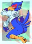  2023 anthro avian beak bird blue_body blue_feathers bottomless bottomless_anthro bottomless_male butt clothed clothing falco_lombardi falcon falconid feathers frown full-length_portrait hi_res jacket looking_back male nintendo portrait rear_view salamikii solo star_fox tail_feathers topwear 