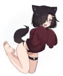 1girl :d animal_ears black_hair black_panties borrowed_character fang full_body hair_over_one_eye highres long_sleeves looking_at_viewer no_pants nyaivie open_clothes original panties red_sweater short_hair skin_fang sleeves_past_fingers sleeves_past_wrists smile sweater tail thigh_strap underwear 