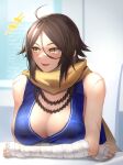 ahoge bandaged_arm bandages bead_necklace beads breasts brown_eyes brown_hair chair cleavage desk fate/grand_order fate_(series) jewelry large_breasts minami_koyogi necklace on_desk scar scar_on_arm scar_on_face scar_on_nose scarf sugitani_zenjubou_(fate) yellow_scarf 