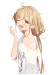  1girl absurdres ahoge blush clothes_writing collarbone futaba_anzu highres idolmaster idolmaster_cinderella_girls light_brown_hair long_hair looking_at_viewer loose_clothes loose_shirt low_twintails messy_hair one_eye_closed open_mouth revision sanpo_(sanpo_1027) shirt simple_background solo twintails upper_body very_long_hair white_background white_shirt yawning yellow_eyes 