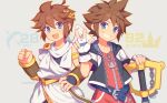  2boys angel angel_wings armlet belt brown_hair character_name clenched_hand fingerless_gloves gloves grey_background keyblade kid_icarus kid_icarus_uprising kingdom_hearts laurel_crown looking_at_viewer male_focus multiple_boys open_mouth pit_(kid_icarus) smile sora_(kingdom_hearts) super_smash_bros. teeth twitter_username w wings wusagi2 