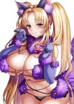  1girl absurdres animal_ear_fluff animal_ears bikini black_bikini blonde_hair blue_gloves blush breasts claw_pose claws cleavage closed_mouth collar commentary_request commission cosplay cowboy_shot effort_star elbow_gloves fake_animal_ears fake_tail fate/grand_order fate_(series) fur-trimmed_collar fur-trimmed_gloves fur_bikini fur_trim gloves hands_up highres huge_breasts leaning_forward long_hair looking_at_viewer mash_kyrielight mash_kyrielight_(dangerous_beast) mash_kyrielight_(dangerous_beast)_(cosplay) navel o-ring o-ring_bikini o-ring_top original parted_bangs pixiv_commission purple_bikini purple_collar simple_background solo standing stomach string_bikini swimsuit tail twintails two-tone_bikini very_long_hair wavy_mouth white_background yellow_eyes 