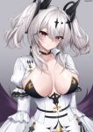  1girl absurdres azur_lane black_choker black_wings blush breasts breasts_apart center_opening choker closed_mouth collarbone commentary_request dress eyelashes grey_background grey_hair hair_ornament highres joffre_(azur_lane) large_breasts long_hair long_sleeves looking_at_viewer red_eyes sidelocks simple_background solo twintails ueyama_0clock white_dress white_hair wings 