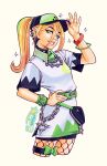  1girl baseball_cap blonde_hair chain collared_shirt facing_to_the_side fortnite gigis_lab green_eyes green_nails hat helsie_(fortnite) high_ponytail highres looking_at_viewer nail_polish official_alternate_costume shirt smile 