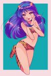  1girl alternate_hair_color animal_print bikini blue_hair breasts commentary_request fang full_body fur_bikini hands_on_own_face highres horns long_hair looking_at_viewer lum navel oni oni_horns open_mouth print_bikini print_footwear rumic_0620 skin_fang smile solo strapless strapless_bikini swimsuit tiger_print urusei_yatsura 