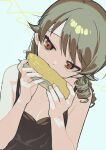  1girl absurdres black_camisole breasts camisole corn_cob drill_hair dutch_angle eating head_tilt highres idolmaster idolmaster_cinderella_girls light_brown_hair looking_at_viewer morikubo_nono simple_background small_breasts solo upper_body yukinuno 