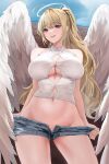  1girl absurdres ahoge angel_wings bare_arms bare_shoulders blonde_hair blue_shorts breasts button_gap buttons cleavage clothes_pull collared_shirt cowboy_shot crop_top denim denim_shorts feathered_wings halo highres large_breasts lillly long_hair looking_at_viewer micro_shorts midriff navel open_fly open_mouth original ponytail pulled_by_self purple_eyes revealing_clothes shirt short_shorts shorts shorts_pull sidelocks sleeveless sleeveless_shirt smile solo standing stomach thighs undersized_clothes very_long_hair white_shirt wings 