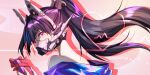  1girl bare_shoulders black_hair from_side gameexpofficial gift goddess_of_victory:_nikke headgear heart high_ponytail holding holding_gift jacket light_blush long_hair looking_at_viewer mask mouth_mask portrait purple_eyes purple_jacket sin_(nikke) solo twitter_username 