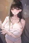  1girl absurdres black_hair blue_archive blush breasts cleavage embarrassed hair_ornament hairclip halo highres large_breasts long_hair looking_at_viewer naked_towel nude raki_kr red_eyes rio_(blue_archive) sketch solo sweatdrop towel very_long_hair wet 