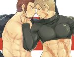  2boys abs bara beowulf_(fate) blonde_hair facial_hair fate/grand_order fate_(series) forehead-to-forehead heads_together male_focus multiple_boys muscular muscular_male napoleon_bonaparte_(fate) pectorals scar scar_on_face scar_on_stomach souda_(sosoda) 