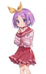  1girl blue21 blue_eyes bow hair_bow highres hiiragi_tsukasa long_sleeves looking_at_viewer lucky_star own_hands_together pink_shirt pink_sleeves pleated_skirt purple_hair red_skirt ribbon school_uniform serafuku shirt short_hair simple_background skirt smile solo white_background 