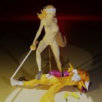  3d_(artwork) absurd_res accessory after_fight anthro areola athletic banana bandai_namco big_breasts bodily_fluids breasts clothing digimon digimon_(species) digital_media_(artwork) duo female female/female food footwear fruit furromantic genital_fluids genitals gloves handwear headband hi_res honigkuchenpferd mammal melee_weapon minkmen_(one_piece) mostly_nude nipples one_piece peeing peeing_on_another pink_areola pink_nipples plant pussy renamon shoes simple_background sword tail teeth urine wanda_(one_piece) watersports weapon 