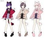  1other 2girls akiyama_mizuki alternate_color animal_ears ankle_boots asahina_mafuyu black_footwear black_shirt black_shorts boots bow bowtie brown_eyes brown_footwear brown_hair brown_jacket closed_mouth collared_shirt fake_animal_ears fake_tail footwear_bow fur-trimmed_boots fur_trim hair_ornament hairband hand_up high-waist_shorts highres hood hood_down hooded_jacket jacket looking_at_viewer multiple_girls pink_eyes pink_footwear pink_hair pom_pom_(clothes) project_sekai raccoon_ears raccoon_tail red_bow red_bowtie shinonome_ena shirt short_hair shorts side_ponytail sidelocks simple_background smile tail waka_(wk4444) white_background white_hairband x_hair_ornament 