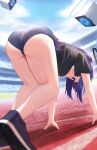  1girl absurdres ass ass_focus bare_legs black_shirt blue_archive blue_buruma buruma commentary halo highres legs official_alternate_costume ponytail purple_eyes purple_hair rahy running_track shirt shoes sneakers solo sweat track_and_field yuuka_(blue_archive) yuuka_(gym_uniform)_(blue_archive) 