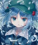  1girl air_bubble backpack bag blue_eyes blue_hair bubble commentary frills highres jewelry kawashiro_nitori key_necklace looking_at_viewer necklace shirt solo tarutsu touhou underwater visor_cap water 