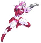  1girl aiming blue_eyes breasts colored_skin elita_one gun handgun helmet highres humanoid_robot kevin_raganit medium_breasts pink_lips robot simple_background solo thighs transformers weapon white_background white_skin 