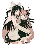  2girls ;3 animal_ears arm_cannon bird_wings black_bow black_hair black_ribbon blunt_bangs bow braid breasts cape cat_ears cat_tail chest_jewel closed_eyes commentary_request cropped_legs extra_ears friends frilled_shirt_collar frills hair_bow hair_ribbon happy heart highres hug juliet_sleeves kaenbyou_rin leg_ribbon light_blush light_smile long_hair long_sleeves medium_breasts monochrome mozukuzu_(manukedori) multiple_girls multiple_tails nekomata one_eye_closed parted_bangs puffy_short_sleeves puffy_sleeves red_eyes red_hair reiuji_utsuho ribbon shirt short_sleeves simple_background small_breasts star_(symbol) swept_bangs tail touhou tress_ribbon twin_braids two_tails very_long_hair weapon white_background white_shirt wings yuri 