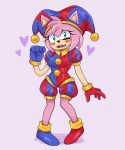  &lt;3 2023 5:6 amy_rose anthro artkett1412 bodily_fluids breasts clothing cosplay crossover crossover_cosplay eulipotyphlan eyelashes female fool&#039;s_hat footwear glistening glistening_clothing gloves green_eyes hair handwear hat headgear headwear hedgehog hi_res jester looking_at_viewer mammal pink_body pink_hair pomni_(the_amazing_digital_circus) sega shoes short_hair solo sonic_the_hedgehog_(series) sweat sweatdrop the_amazing_digital_circus 