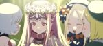  4girls abigail_williams_(fate) blonde_hair blush bow collar fate/grand_order fate_(series) hair_bow hat head_wreath highres jack_the_ripper_(fate/apocrypha) long_hair medusa_(fate) medusa_(lancer)_(fate) multiple_girls paul_bunyan_(fate) purple_eyes purple_hair red_collar smile tetsu_(teppei) white_hair 