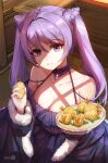  1girl absurdres artezahn bare_shoulders commentary cone_hair_bun dress food genshin_impact golden_shrimp_balls_(genshin_impact) hair_bun hand_up highres holding holding_food keqing_(genshin_impact) long_hair looking_at_viewer off-shoulder_dress off_shoulder parted_lips plate purple_dress purple_eyes purple_hair solo twintails upper_body 