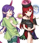  2girls chain clothes_writing collar earth_(ornament) hecatia_lapislazuli highres horns keiki8296 long_hair looking_at_another looking_at_viewer miniskirt moon_(ornament) multicolored_clothes multicolored_skirt multiple_girls off-shoulder_shirt off_shoulder plaid plaid_skirt pointy_ears polos_crown puffy_short_sleeves puffy_sleeves purple_hair red_eyes red_hair shirt short_sleeves single_horn skirt smile tail tenkajin_chiyari touhou underworld_(ornament) unfinished_dream_of_all_living_ghost white_background 