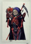  absurdres cloak dorohedoro ebisu_(dorohedoro) expressionless hands_up highres hood hooded_cloak kikurage_(dorohedoro) non-web_source pumpkin purple_hair scythe skeleton yellow_eyes 