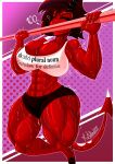 2023 abs absurd_res big_breasts black_hair bodily_fluids breasts clothing demon female hair helluva_boss hi_res hooves horn humanoid imp millie_(helluva_boss) mrmelted muscular muscular_female not_furry red_body red_skin solo sweat tail text text_on_clothing text_on_topwear topwear 