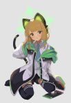  :o absurdres animal_ears black_jacket black_skirt black_thighhighs blonde_hair blue_archive blue_bow blue_necktie blush bow cat_ears cat_tail collared_shirt dot_nose fake_animal_ears fake_tail green_eyes green_halo grey_background hair_bow halo hand_in_own_hair handheld_game_console head_tilt highres hood hood_down hooded_jacket jacket kgt_(pixiv12957613) long_bangs long_sleeves looking_at_viewer medium_hair midori_(blue_archive) multicolored_clothes multicolored_jacket necktie off_shoulder open_mouth shirt sidelocks simple_background sitting skirt striped striped_thighhighs tail thighhighs two-tone_jacket wariza white_jacket white_shirt zettai_ryouiki 