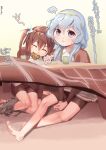  2girls asagumo_(kancolle) barefoot bike_shorts bike_shorts_under_skirt braid brown_hair closed_eyes collared_shirt cup dress_shirt green_hairband grey_eyes grey_hair hair_ribbon hairband highres kantai_collection kotatsu long_hair metadio mouth_hold multiple_girls ribbon shirt shorts shorts_under_skirt sidelocks single_braid sitting table translation_request twintails wavy_hair white_shirt yamagumo_(kancolle) yunomi 