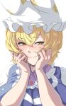  blonde_hair blush breasts bunsuirei closed_mouth commentary_request hands_on_own_face hat highres large_breasts looking_at_viewer mob_cap short_hair simple_background touhou upper_body white_background white_headwear yakumo_ran yellow_eyes 